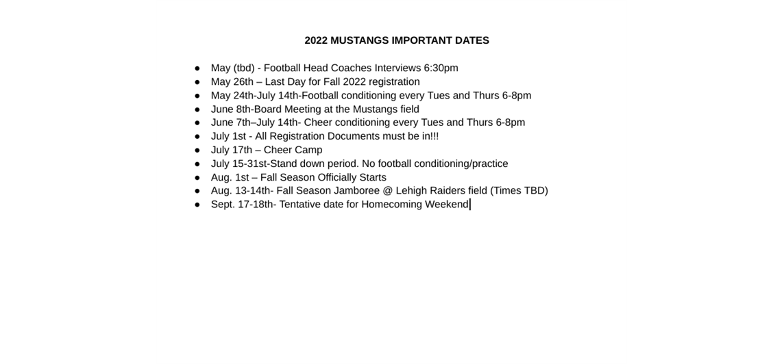 Mustangs Important Dates